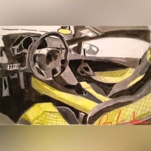 Hand drawing interior of a car by me digital color print in A4 yellow and black